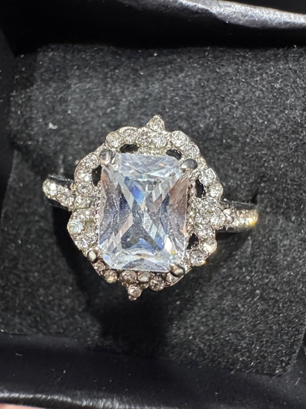 Silver-Tone Halo Statement Ring with Clear Center Stone